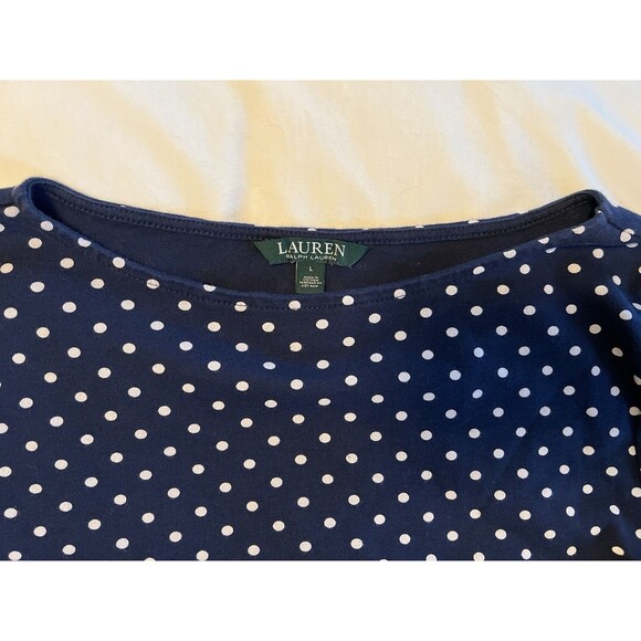 Ralph Lauren LRL Polka Dot Bell 3/4 Sleeve Boat Neck Blouse Navy White Women L - Picture 3 of 7